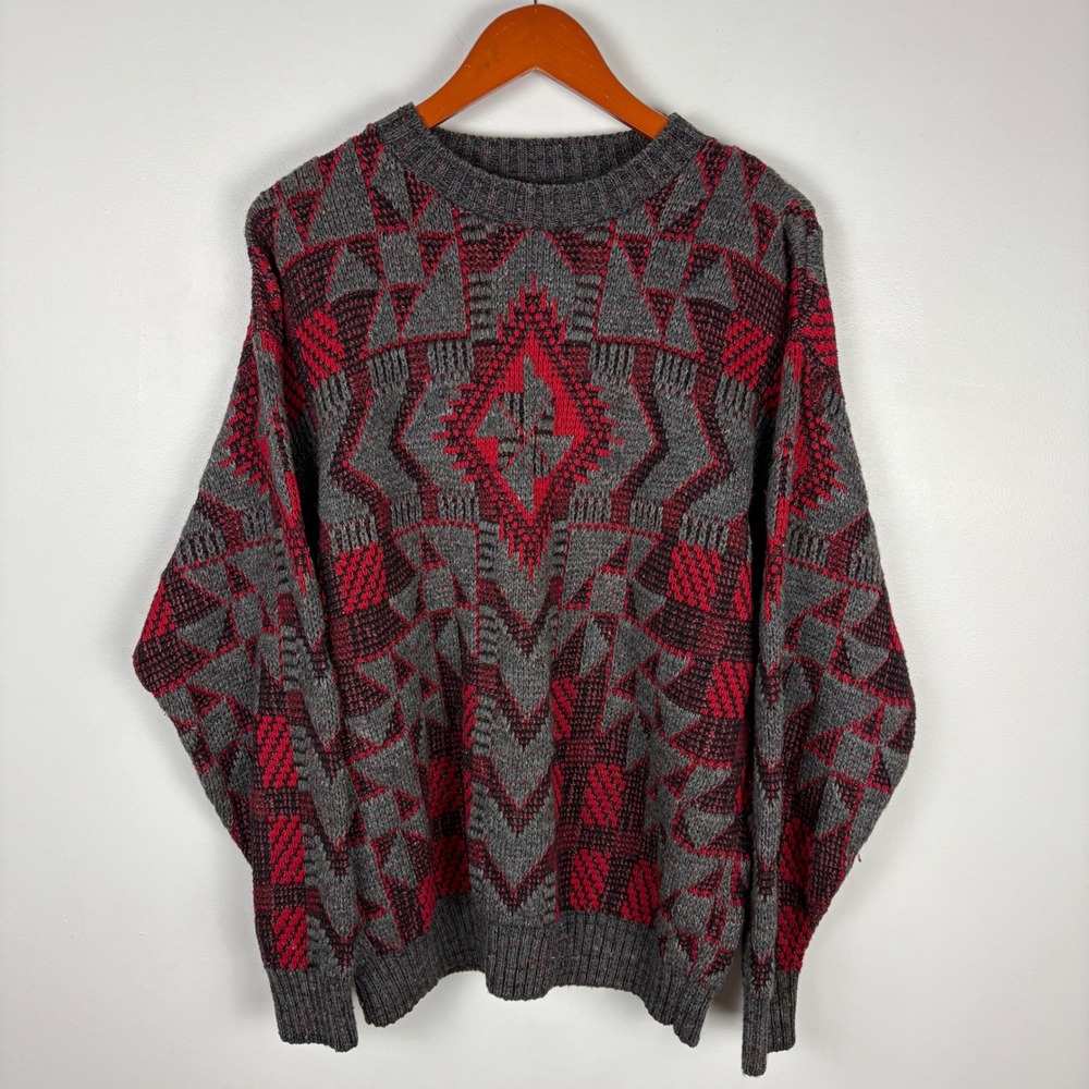 VINTAGE CROSSINGS MEN'S GEOMETRIC KNIT SWEATER LARGE‎ GREY RED
